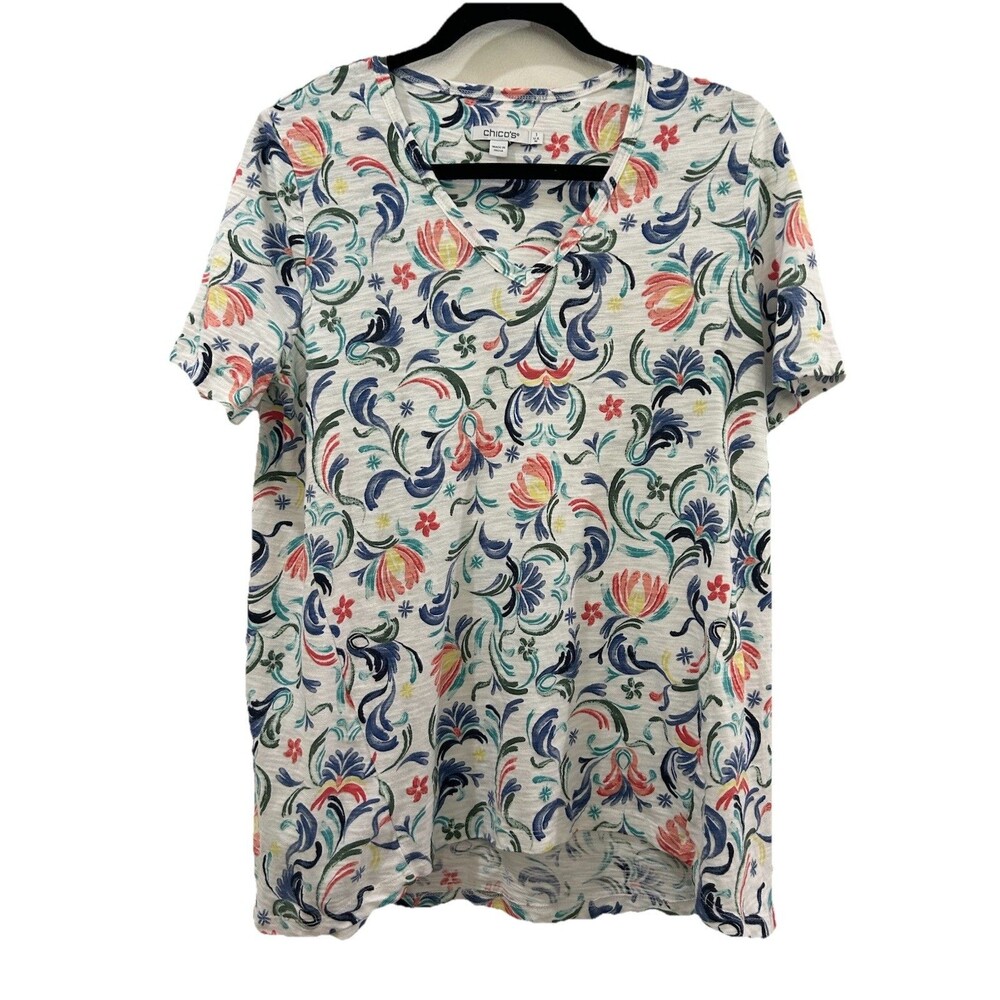 Chicos Size 1 Womens M  Floral V-Neck Knit Short Sleeve T-Shirt